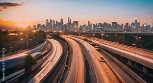 Traffic moving smoothly on a highway with the city skyline in the background.