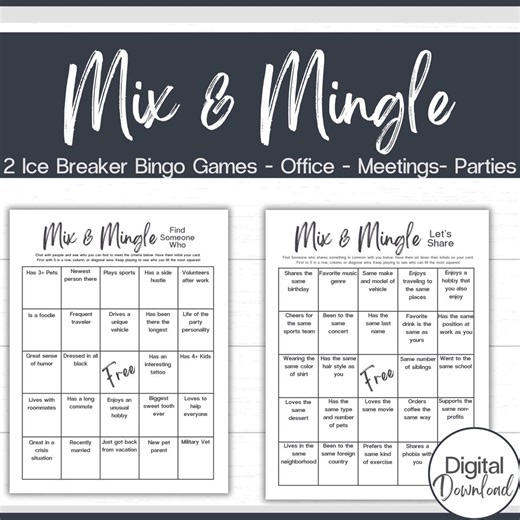 Mingle Bingo | Mix and Mingle | Office Bingo | Coworker Bingo | 2 Printable Staff Bingo Game | Icebreaker | Find Someone Who | Team Building - Etsy