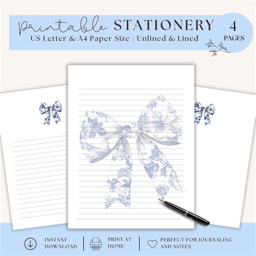Bow Paper Printable Blue Lined Stationery Coquette Letter Writing Sheet Pretty Watercolor Girly Stationery Journal Printable Note - Etsy