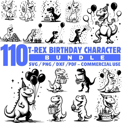 T-rex Birthday Character Poses Svg Png Pdf & Dxf Bundle for DIY Shirts Instant Downloads - Etsy