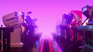 Animation Of A Classic Retro Arcade Machines In Purple Tones. Flight through the game room. Perfect seamless loop for video clip, invitation, opening, motion graphics.