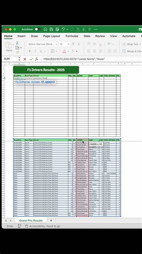 Instant F1 Breakdown with Excel FILTER! 🏎️💥📈 #ExcelHack