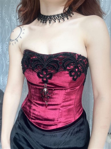 Red Velvet Gothic Corset: Vintage Lace Bustier With Spider - Etsy
