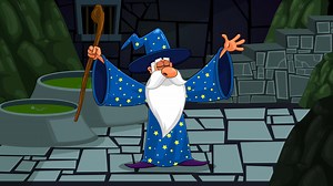 Download Wizard Cartoon Character With A Cane Casting A Spell. 4K Animation Motion Graphics With Dungeon Background for free