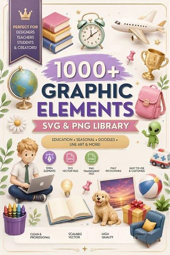 1000+ Graphic Elements Library | SVG, PNG, Doodles, Icons & Clipart Bundle