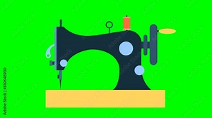 Black sewing machine retro. A spool of thread falls from above. Fast tailoring clothes. Sew. Tailor shop. Tailoring craft and Textile production. Fashion and clothes. 2d flat animation. Alpha channel