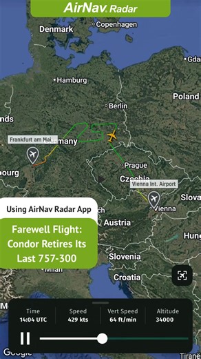 2.2K views · 17 reactions | ✈️ End of an Era at Condor Yesterday, on November 5, 2025, Condor operated the final flight of its last Boeing 757-300 (Registration D-ABOM) flight #DE757 from Vienna to Frankfurt — officially bidding farewell to this iconic aircraft in its fleet.  Replay the flight in our app: https://airnavradar.go.link/j3T8G Farewell to a legend.  #Condor #B757 #FarewellFlight #AviationHistory #AirNavRadar #PlaneSpotting | AirNav Radar | Facebook