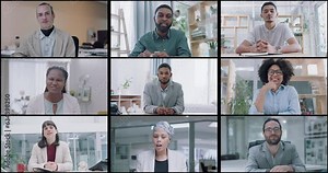 Video conference call, meeting collage or business people discussion, collaboration and wave hello in welcome greeting. Teamwork, online communication screen or webinar team talk about sales strategy