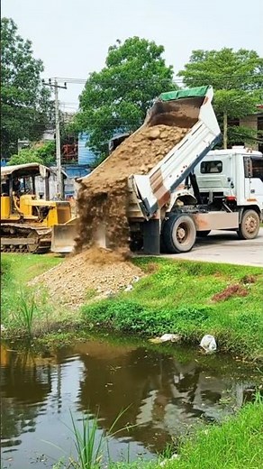 Start A New Project​!​ Dump Truck Dumping Soil, Processing By Bulldozer KOMATSU D20P Filling Up Pond