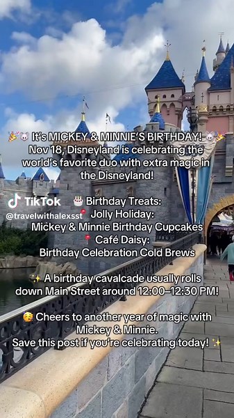 Today we celebrate the birthday of the world’s most magical duo — Mickey and Minnie! 🎉 Disneyland is full of birthday treats, fun surprises, and so much extra pixie dust today. If you’re in the parks, don’t miss the birthday cupcakes, the celebration cold brews, and the special cavalcade on Main Street! Happy Birthday to the pair that made all our magical memories possible! ✨🐭 📍 Jolly Holiday Bakery Cafe – Mickey Birthday Cupcake: milk chocolate mousse, chocolate shell, Mickey sprinkles, suga