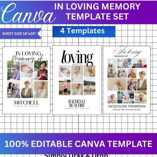 4x in Loving Memory Template Set | Editable Canva Memorial Designs | Funeral Poem & Photo Display | Rest in Peace Digital Download - Etsy