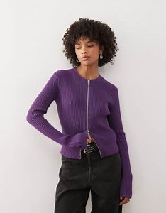 Weekday fitted zip through cardigan with sleeve zip detail in purple | ASOS