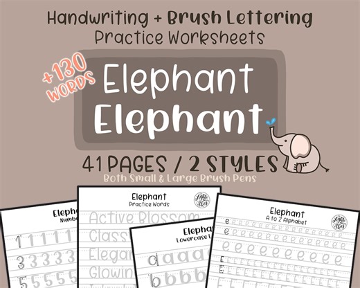 Elephant Handwriting & Brush Lettering Practice Worksheets: 2 Styles (digital Download) - Etsy