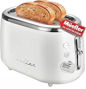 Mueller Retro Toaster 2 Slice with 7 Browning Levels and 3 Functions: Reheat, Defrost & Cancel, Stainless Steel Features, Removable Crumb Tray, Under Base Cord Storage, White