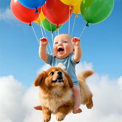 Baby Flying with Puppy & Balloons 🎈🐶 (Too Cute!)