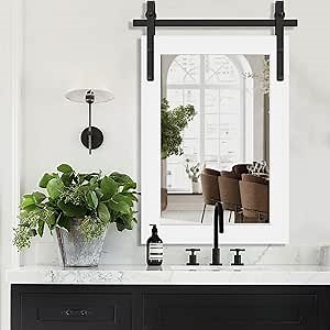 LOVMOR Farmhouse Mirror Wall Mounted Rustic - 22"*30" Inspirational Barn Door Mirror with White Wooden Frame Rectangular Mirrors for Wall Decorative Entryway, Bathroom, Living Room, Bedroom