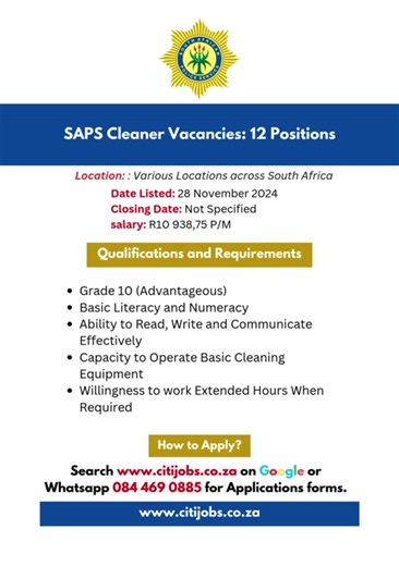 SAPS Cleaner Vacancies: Apply Now for Opportunities