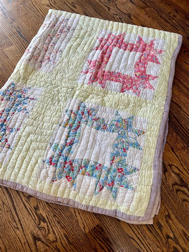 Antique Hand Stitched Feed Sack Quilt with Churn Dash Block Design