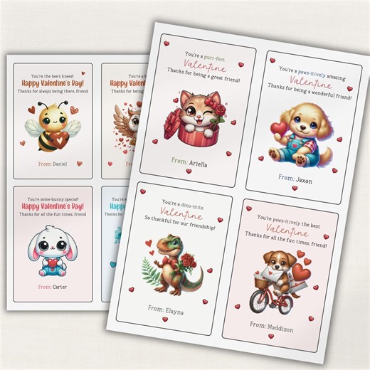 Animal Valentine's Day Cards, Kids Classroom Printable (canva Template), Animal Kids Valentine's Day Cards, DIY Cards for Friends - Etsy