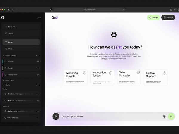 AI ChatBot Design: Chat Screen, Home Screen and Settings