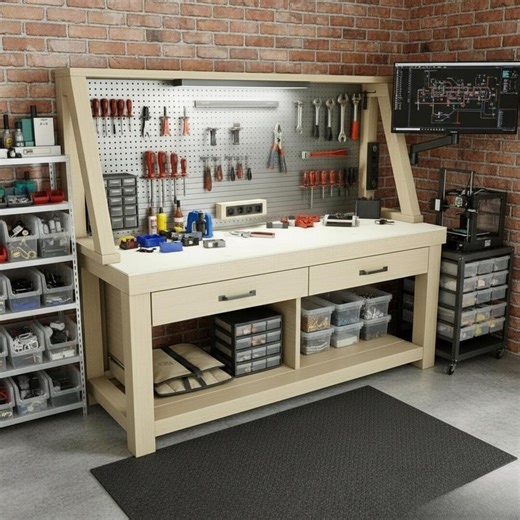 Work Bench With Storage DIY Plan | Garage Workbench and Woodworking Table With Shelves - Custom Stationary Desk Plan - Etsy