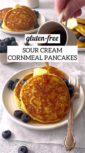 These cornmeal pancakes are the perfect alternative to traditional pancakes! They’re made with sour cream and buttermilk for a super moist, light, and fluffy texture! Find the recipe at https://meaningfuleats.com/gluten-free- cornmeal-sourcream-pancakes/. #glutenfree #pancakes #cornmeal #breakfast #glutenfreefood #thefeedfeed #foodgawker | Meaningful Eats