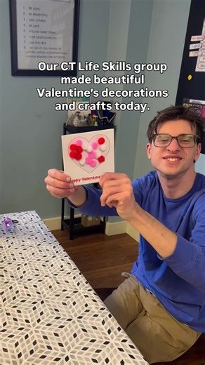 Today, our life skills group spent time with Ms. Deb working on Valentine’s Day decorations and crafts. Activities like this support creativity, fine motor skills, focus, and following step-by-step directions. They also create space for connection, self expression, and teamwork. Moments like these may look small, but they play a big role in building confidence and life skills, one activity at a time. #InclusionMatters #IndependenceSkills #Connecticut #LifeSkills #SimsburyCT
