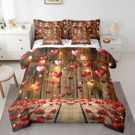 Valentine's Day Twin Bedding Set 7 Pieces,Romantic Lovers Red Roses Flower Petals Comforter Set with Sheets for Kids,Retro Rustic Brown Wooden Plank Bed Set in a Bag with Pillow Covers - Walmart.ca