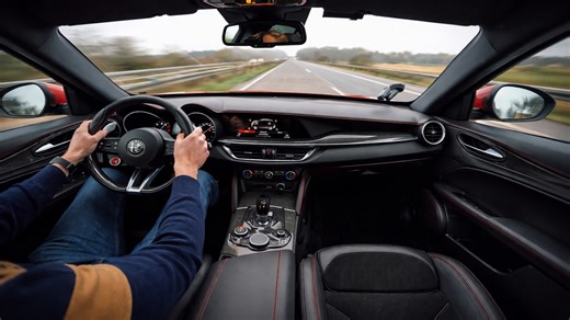 Alfa Romeo Stelvio Quadrifoglio driving fast on Autobahn