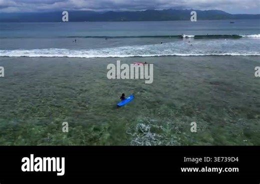 Surfers catching waves in the clear blue ocean over shallow coral reefs, enjoying water sports activity in Southeast Asia. fly push forward panorama drone Stock Video Footage - Alamy
