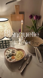 🍄RECIPE🍄 What I made for dinner 🇫🇷 Une Blanquette de Poulet. Traditionally, Blanquette is made with veal but I make mine with deboned chicken thighs which is as delicious. The idea is that you simmer the meat with some vegetables and spices for 45min, and use this stock also to create the delicious Béchamel which makes this dish. One of French most cooked meal at home, you will rarely find it in restaurants though. You can use the leftover stock and vegetables as a base for a delicious soup 