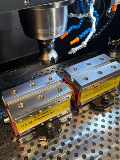 Setting up and decking the ECB magnetic vises for some plate work. Taking .010” off the top to ensure both are flat and matched. #abom79 #machineshop #machinist #magneticvise #workholding #machinisttools #milltronics #techniks #tungaloy #starrett #cncmachining | Abom79