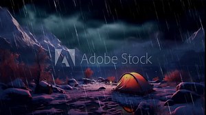 4k animation camping in heavy rain and storms with lakes and mountains in the background