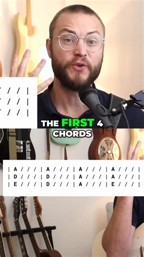 9.4K views · 73 reactions |  Join my free guitar course & community  https://skool.com/guitar The 12-bar blues uses a similar set of chords. In the key of A, the first four chords are always A. Then it moves to D for two measures, returns to A for two measures. The final line moves: E, D, A, then E again. #BluesMusic #MusicTheory #GuitarLessons #MusicEducation #ChordProgressions | Guitar Gym Pro | Facebook