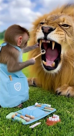 This monkey in a dentist apron brushes a lion’s teeth--bold, cute and so wild🦁 #ai #aivideo #monkey