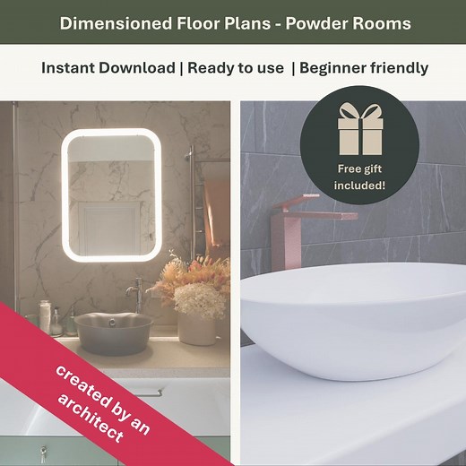 Architect Designed Powder Rooms Floor Plans | Dimensioned Architect Blueprints PDF | House Plans for Sale | Modern Powder Room Design - Etsy