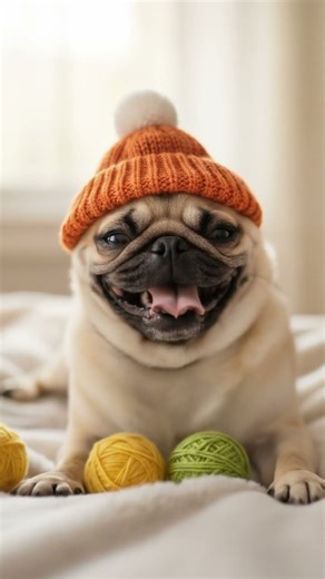Happiest Pug in an Orange Beanie! (Knitting Fun) 🧶🧡
