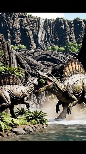 Ouranosaurus vs a giant Spinosaurus emerging from the water in a Prehistoric World