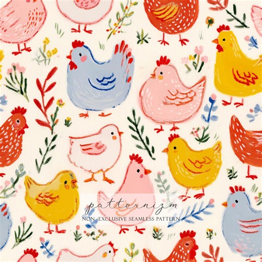 Cute Chickens Seamless Pattern – Colorful Farm Hens & Flowers, Sweet Easter Spring Design for Kids, Fabric, Crafts - Etsy