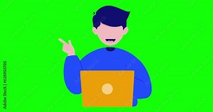 cartoon animation illustration of man working in front of laptop - Green screen