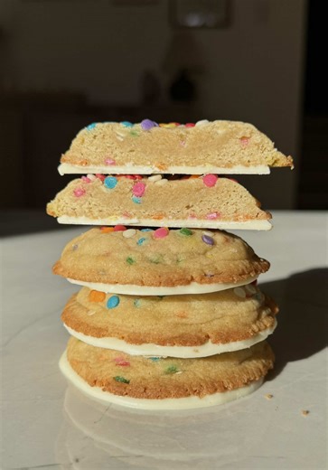 Funfetti Cookies 🎂 Recipe here! Funfetti Cookies 🎂 - 1/2 cup unsalted butter, room temperature - 1/2 cup brown sugar, packed - 1/4 cup white sugar - 1 egg - 1/4 tsp almond extract - 1/2 tsp vanilla extract - 1.5 cups flour - 1/4 tsp baking soda - 1/4 tsp salt - 1/3 cup rainbow sprinkles ( more for the tops if you’d like) - 2 cups white chocolate for melting dipping 1. Start by creaming together butter, sugars and the egg. Once well mixed add almond and vanilla extract and mix again. 2. In a se