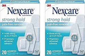 Nexcare Strong Hold Pain-Free Removal Bandages, Assorted Sizes, 20 Count (Pack of 2) – Hypoallergenic, Gentle Adhesive Bandages
