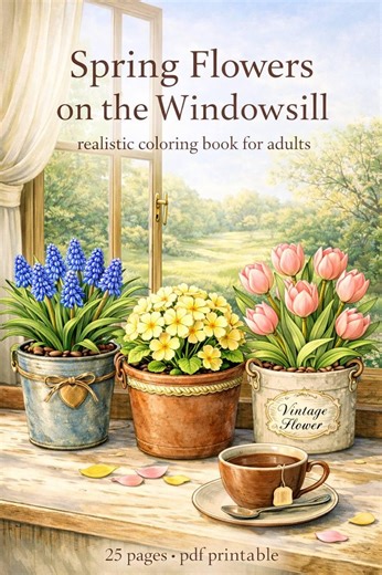 25-page Realistic Coloring Book for Adults – Spring Flowers on the Windowsill | Botanical Printable PDF - Etsy