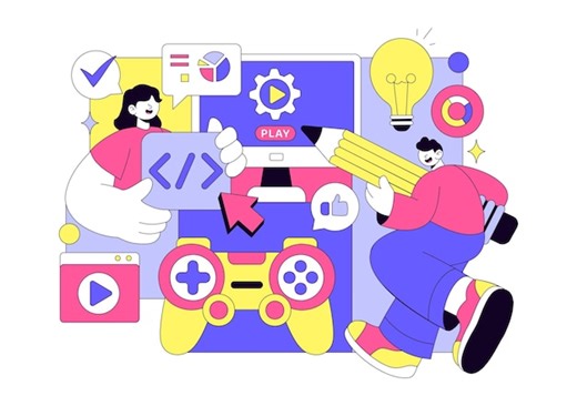 Game development vector illustration featuring games digital technology programming and coding for the technical aspects of creating video games | Premium Vector