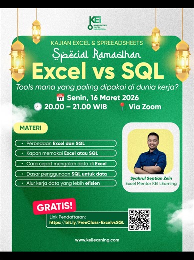 90% pekerjaan data pakai Excel… tapi kenapa perusahaan tetap cari yang bisa SQL? Pertanyaannya: 👉 Kapan harus pakai Excel? 👉 Kapan harus pakai SQL? 👉 Mana yang lebih dibutuhkan di dunia kerja? Di Kajian Excel & Spreadsheets – Special Ramadhan ini kamu akan belajar: 📊 Perbedaan Excel vs SQL secara praktis 📊 Kapan harus memakai masing-masing tools 📊 Cara cepat mengolah data di Excel 📊 Dasar penggunaan SQL untuk data kerja 📊 Workflow data yang lebih efisien di dunia kerja ✨ Cocok untuk: Mah