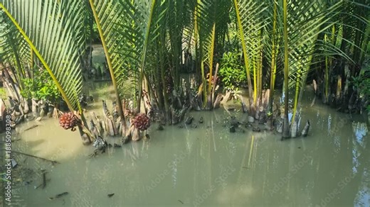 Close-up of Nipa palms (Nypa fruticans) rising from muddy tidal water, bearing large woody fruit clusters in the UNESCO-listed Sundarbans river delta, Bangladesh, highlighting fragile mangrove ecology