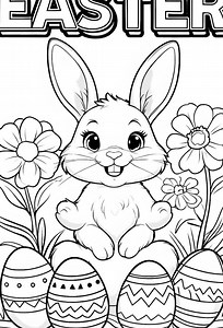 Easter Bunny Coloring Page: Cartoon Bunny & Decorated Eggs (Digital Download)