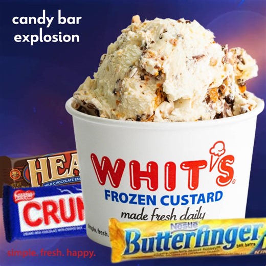 Happy Halloween!! Today we are scooping up Candy Bar Explosion! Vanilla Custard with Crushed Heath® Bar, Nestlé Crunch® and Butterfinger® But come early to get it as we will only be open until 5pm today!! | Whit's Frozen Custard of North Myrtle Beach