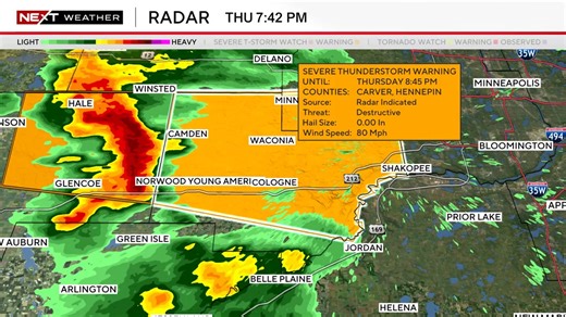 ⚠️ NEXT Weather Alert: Severe T-Storm Warning for Carver, Hennepin county until 6/12 8:45PM. Destructive baseball-size hail (or larger) and 80 mph wind gusts are possible. This is a dangerous situation! Take shelter NOW in an interior room on the lowest floor of a sturdy building, and stay away from windows until the storm passes. More: wcco.com/weather | WCCO & CBS News Minnesota