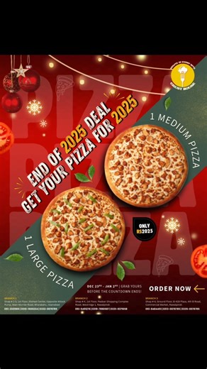 End of 2025 Deal 🔥 1 Large Pizza 1 Medium Pizza 🍕🍕 for just Rs. 2025/-🎉 Big slices, bigger savings – finish 2025 with a cheesy win! 😋 📢 Deal runs: Dec 23rd – Jan 2nd | Grab yours before the countdown ends! 📍 Crust House Westridge – Rawalpindi Shop # K, 1st Floor, Pasban Shopping Complex, Westridge 1 051-5491276 | 0331-9371658 | 0319-7890587 Bharakahu – Islamabad Itehad Center, 1st Floor, Shop # 2, Main Murree Road 051-2321985 | 0332-0078785 | 0310-1500234 Commercial Market – Rawalpindi Sh